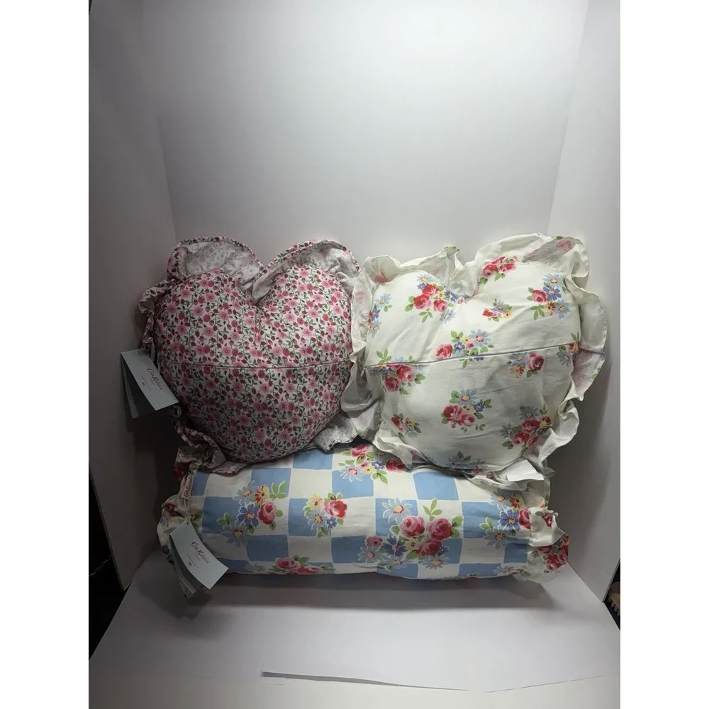 Cath Kidston Of London Pillow Set of 3- Floral Blue Check Rose & Strawberry
